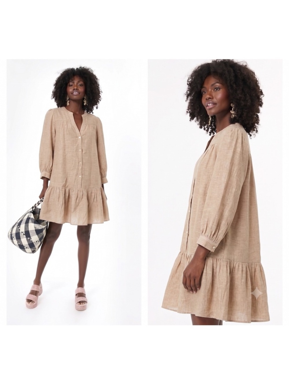 Tuckernuck Pomander Place Tan Linen Frankie Dress Button-Front Ruffle-Hem Large